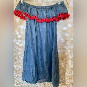 Aqua Chambray Off  the Shoulder Dress with Red Fringe-XS